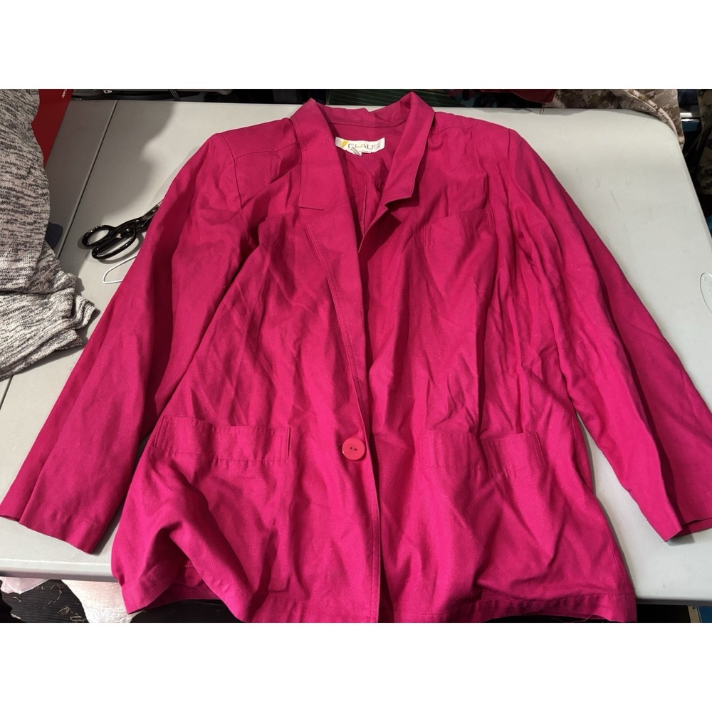 Vintage 80s Chaus Hot Pink 100% Silk One Button Blazer Size 12 Shoulder Pads